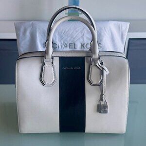 MICHAEL KORS White & Black Center Stripe Mercer MD Duffle Leather